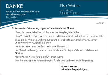 Traueranzeige von Else Weber von Haller Tagblatt