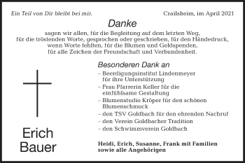 Traueranzeige von Erich Bauer von Hohenloher Tagblatt