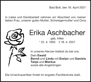 Traueranzeige von Erika Aschbacher von NWZ Neue Württembergische Zeitung