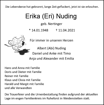 Traueranzeige von Erika Nuding von SÜDWEST PRESSE Ausgabe Ulm/Neu-Ulm