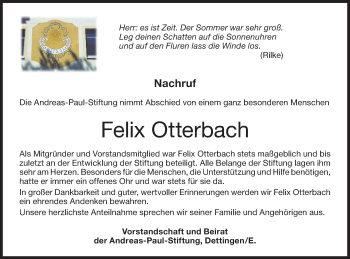 Traueranzeige von Felix Otterbach von Metzinger-Uracher Volksblatt