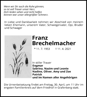 Traueranzeige von Franz Brechelmacher von Metzinger-Uracher Volksblatt