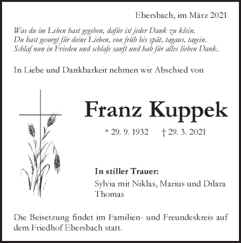 Traueranzeige von Franz Kuppek von NWZ Neue Württembergische Zeitung