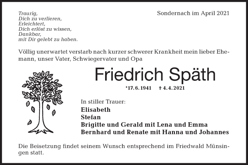  Traueranzeige für Friedrich Späth vom 14.04.2021 aus Metzinger-Uracher Volksblatt