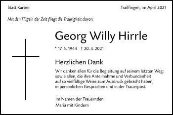 Traueranzeige von Georg Willy Hirrle von Alb-Bote/Metzinger-Uracher Volksblatt