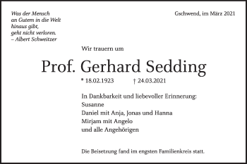 Traueranzeige von Gerhard Sedding von Rundschau Gaildorf