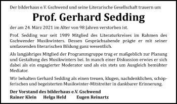 Traueranzeige von Gerhard Sedding von Rundschau Gaildorf