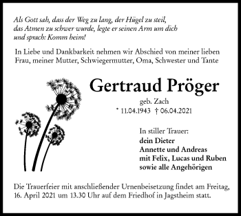 Traueranzeige von Gertraud Pröger von Hohenloher Tagblatt