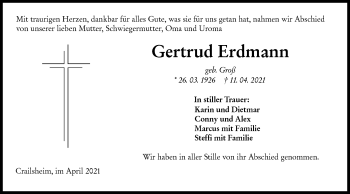 Traueranzeige von Gertrud Erdmann von Hohenloher Tagblatt