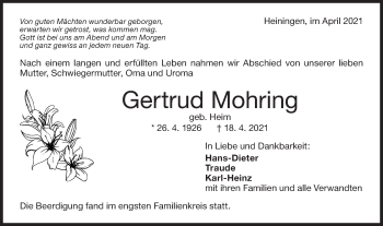 Traueranzeige von Gertrud Mohring von NWZ Neue Württembergische Zeitung