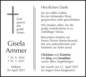 Traueranzeige von Gisela Ammer von Metzinger-Uracher Volksblatt