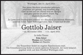 Traueranzeige von Gottlob Jaiser von Alb-Bote/Metzinger-Uracher Volksblatt