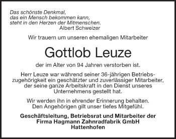 Traueranzeige von Gottlob Leuze von NWZ Neue Württembergische Zeitung