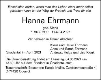 Traueranzeige von Hanna Ehrmann von Haller Tagblatt