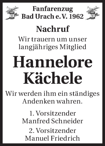 Traueranzeige von Hannelore Kächele von Metzinger-Uracher Volksblatt