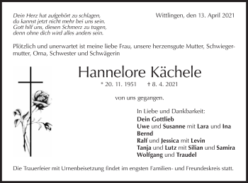 Traueranzeige von Hannelore Kächele von Metzinger-Uracher Volksblatt