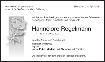 Traueranzeige von Hannelore Regelmann von NWZ Neue Württembergische Zeitung