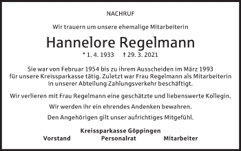 Traueranzeige von Hannelore Regelmann von NWZ Neue Württembergische Zeitung/Geislinger Zeitung