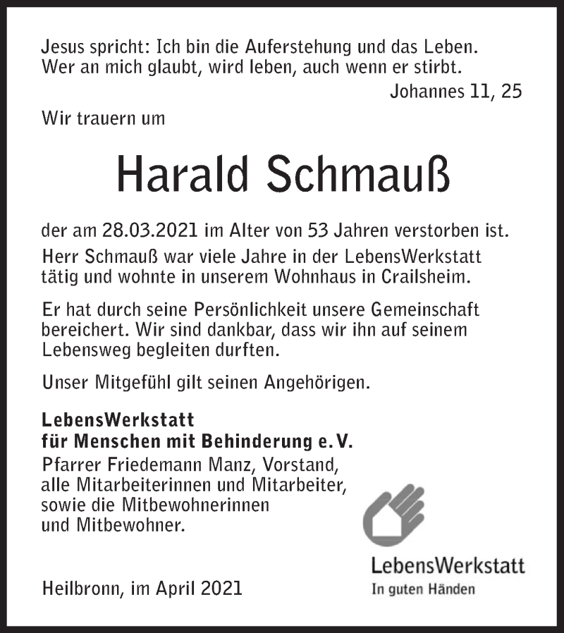  Traueranzeige für Harald Schmauß vom 09.04.2021 aus Hohenloher Tagblatt