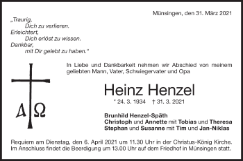 Traueranzeige von Heinz Henzel von Alb-Bote/Metzinger-Uracher Volksblatt