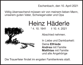 Traueranzeige von Heinz Häderle von NWZ Neue Württembergische Zeitung