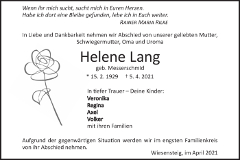 Traueranzeige von Helene Lang von Geislinger Zeitung