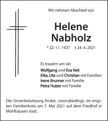 Traueranzeige von Helene Nabholz von Geislinger Zeitung