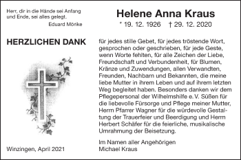 Traueranzeige von Helene Anna Kraus von NWZ Neue Württembergische Zeitung