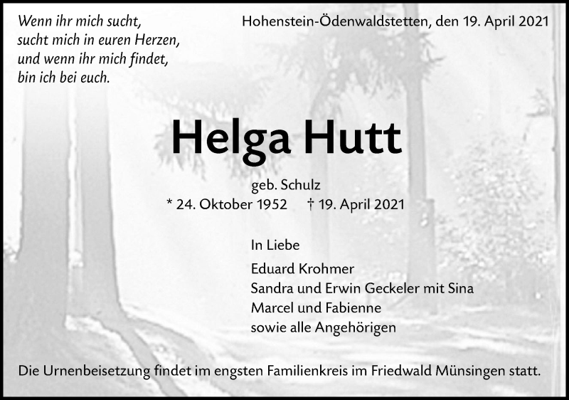  Traueranzeige für Helga Hutt vom 24.04.2021 aus Alb-Bote/Metzinger-Uracher Volksblatt