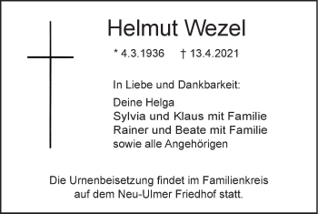 Traueranzeige von Helmut Wezel von SÜDWEST PRESSE Ausgabe Ulm/Neu-Ulm