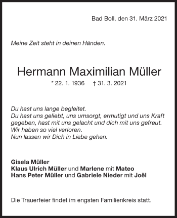 Traueranzeige von Hermann Maximilian Müller von NWZ Neue Württembergische Zeitung