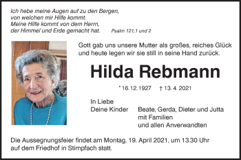 Traueranzeige von Hilda Rebmann von Hohenloher Tagblatt