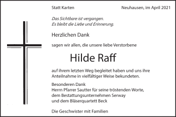 Traueranzeige von Hilde Raff von Metzinger-Uracher Volksblatt