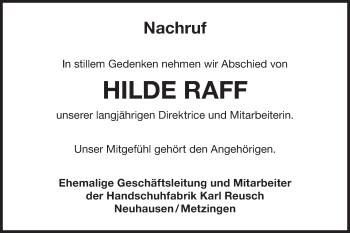 Traueranzeige von Hilde Raff von Metzinger-Uracher Volksblatt