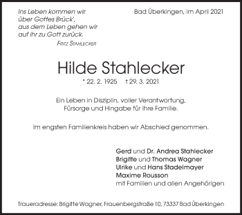 Traueranzeige von Hilde Stahlecker von Geislinger Zeitung