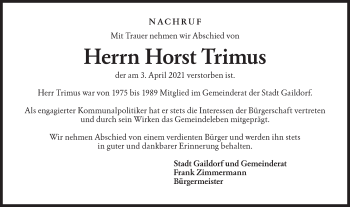 Traueranzeige von Horst Trimus von Rundschau Gaildorf