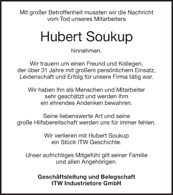 Traueranzeige von Hubert Soukup von NWZ Neue Württembergische Zeitung