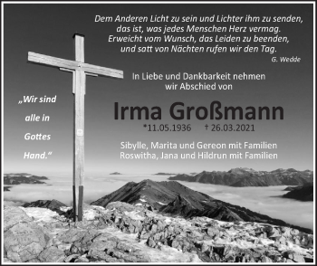 Traueranzeige von Irma Großmann von SÜDWEST PRESSE Ausgabe Ulm/Neu-Ulm