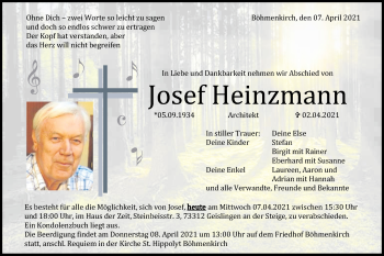 Traueranzeige von Josef Heinzmann von NWZ Neue Württembergische Zeitung/Geislinger Zeitung