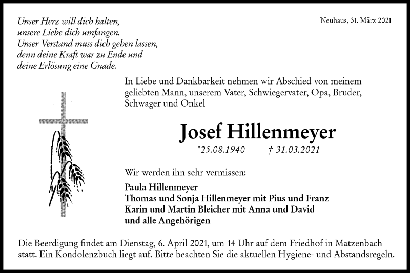  Traueranzeige für Josef Hillenmeyer vom 03.04.2021 aus Hohenloher Tagblatt