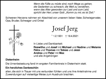 Traueranzeige von Josef Jerg von Illertal Bote