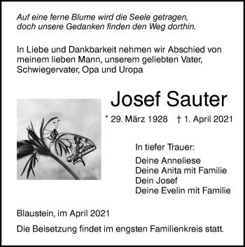 Traueranzeige von Josef Sauter von SÜDWEST PRESSE Ausgabe Ulm/Neu-Ulm