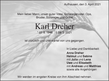 Traueranzeige von Karl Dreher von Geislinger Zeitung