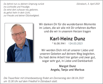 Traueranzeige von Karl-Heinz Dunz von Hohenloher Tagblatt