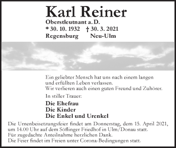 Traueranzeige von Karl Reiner von SÜDWEST PRESSE Ausgabe Ulm/Neu-Ulm