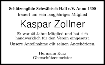 Traueranzeige von Kaspar Zollner von Haller Tagblatt