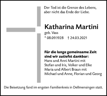 Traueranzeige von Katharina Martini von SÜDWEST PRESSE Ausgabe Ulm/Neu-Ulm