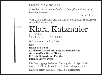 Traueranzeige von Klara Katzmaier von Metzinger-Uracher Volksblatt