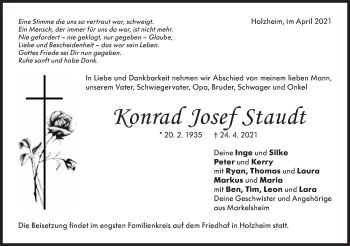 Traueranzeige von Konrad Josef Staudt von NWZ Neue Württembergische Zeitung