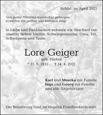 Traueranzeige von Lore Geiger von NWZ Neue Württembergische Zeitung